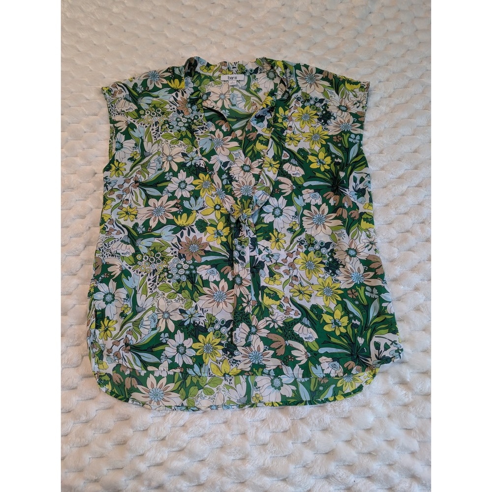 Bar III Floral Print‎ Sleeveless Blouse V-Neck Green Yellow Top Size L